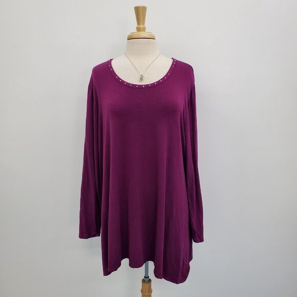 Catherines AnyWear Womens 2X Tunic Top Scoop Neck Long Sleeve Studded Purple - Picture 2 of 16